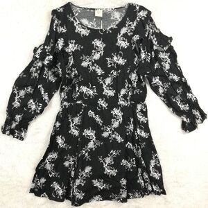 Good Hart Womens Dress Shift‎ Ruffled Black Floral Print Above Knee L New